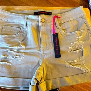 NWT 11 Khaki Dollhouse Denim SHORTS Cuffed Distressed, 30” Waist, 4” Inseam